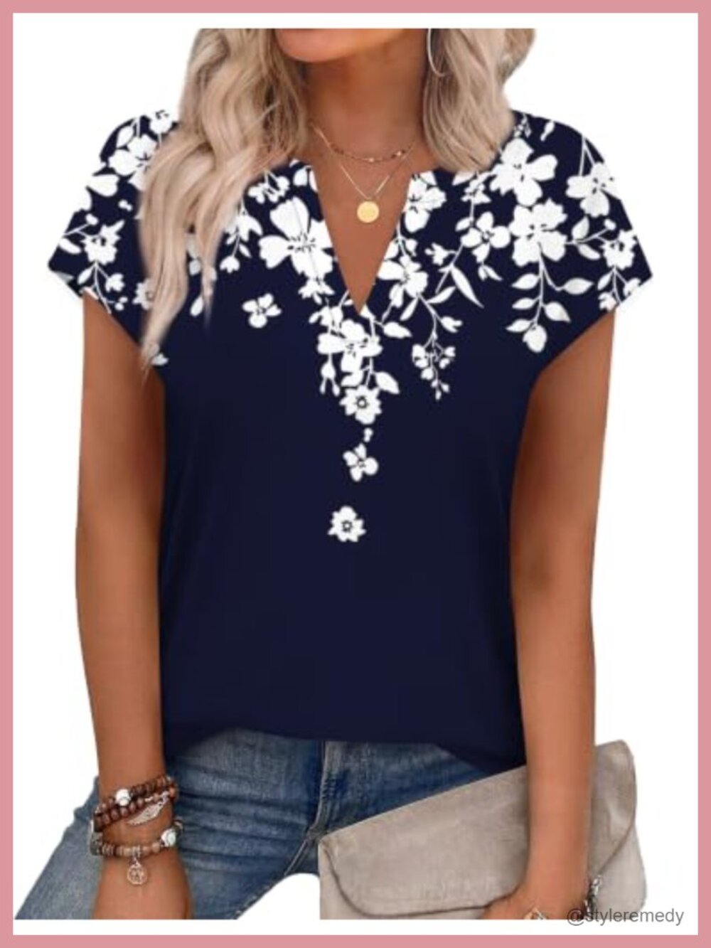 Womens Summer Top Notched V Neck Cap Sleeve Loose Fit Casual T Shirt